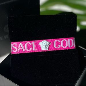 NEW Versace Goddess Medusa Logo Knit Stretch Wrap Bracelet Glossy Pink White